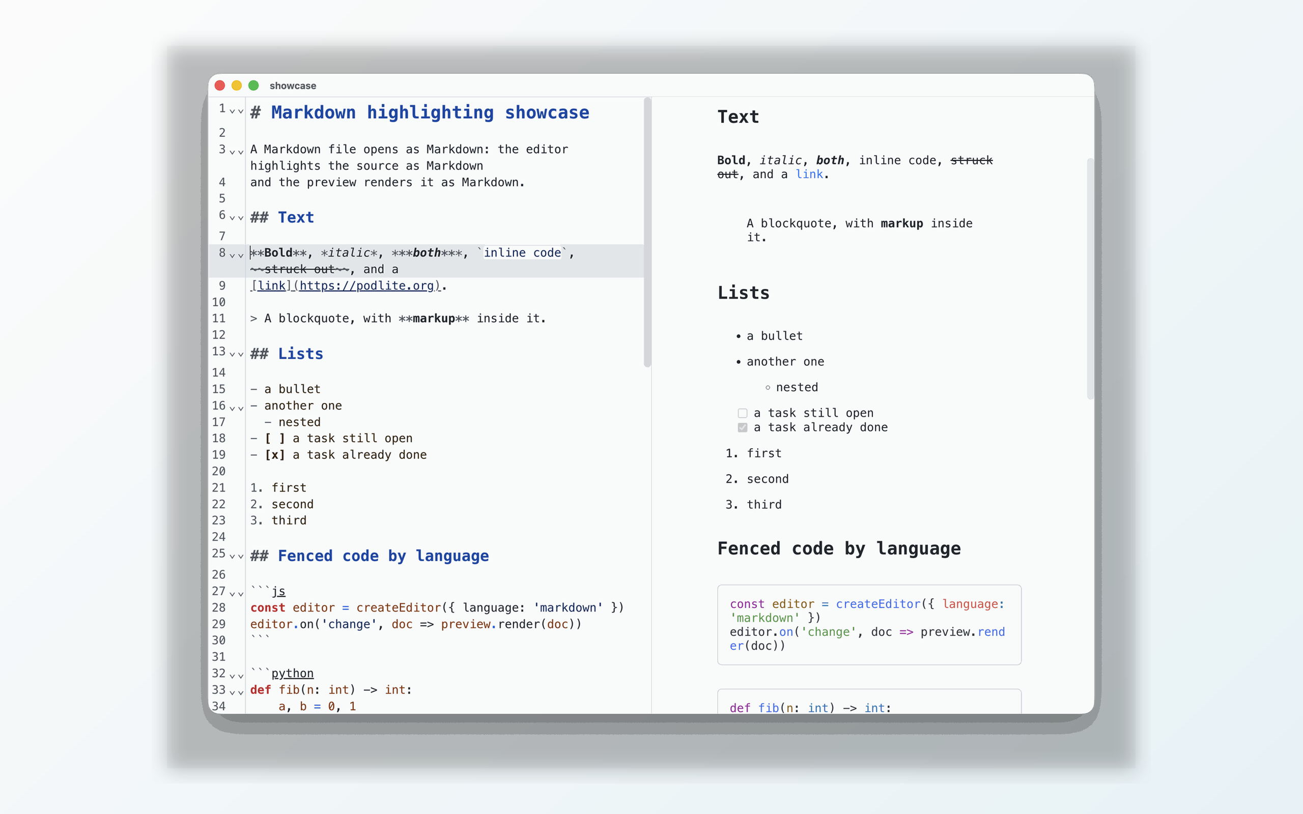 Podlite Desktop editing a Markdown file